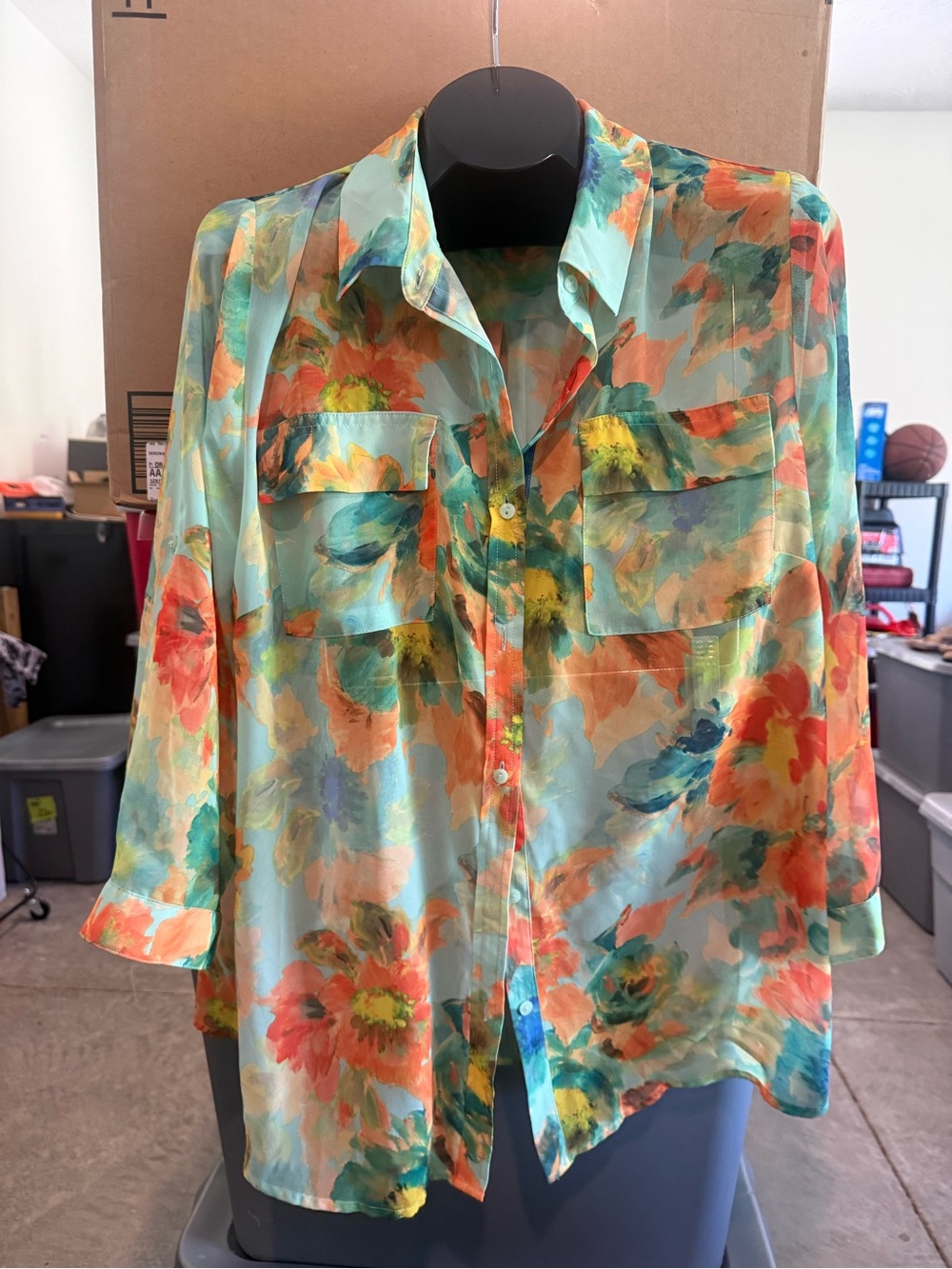 Floral Sheer Button-Up Blouse - Mint & Coral p48